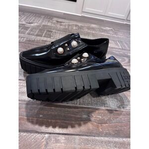 Karl Lagerfeld Black Platform Lug Sole Loafers Pearl Embellished‎